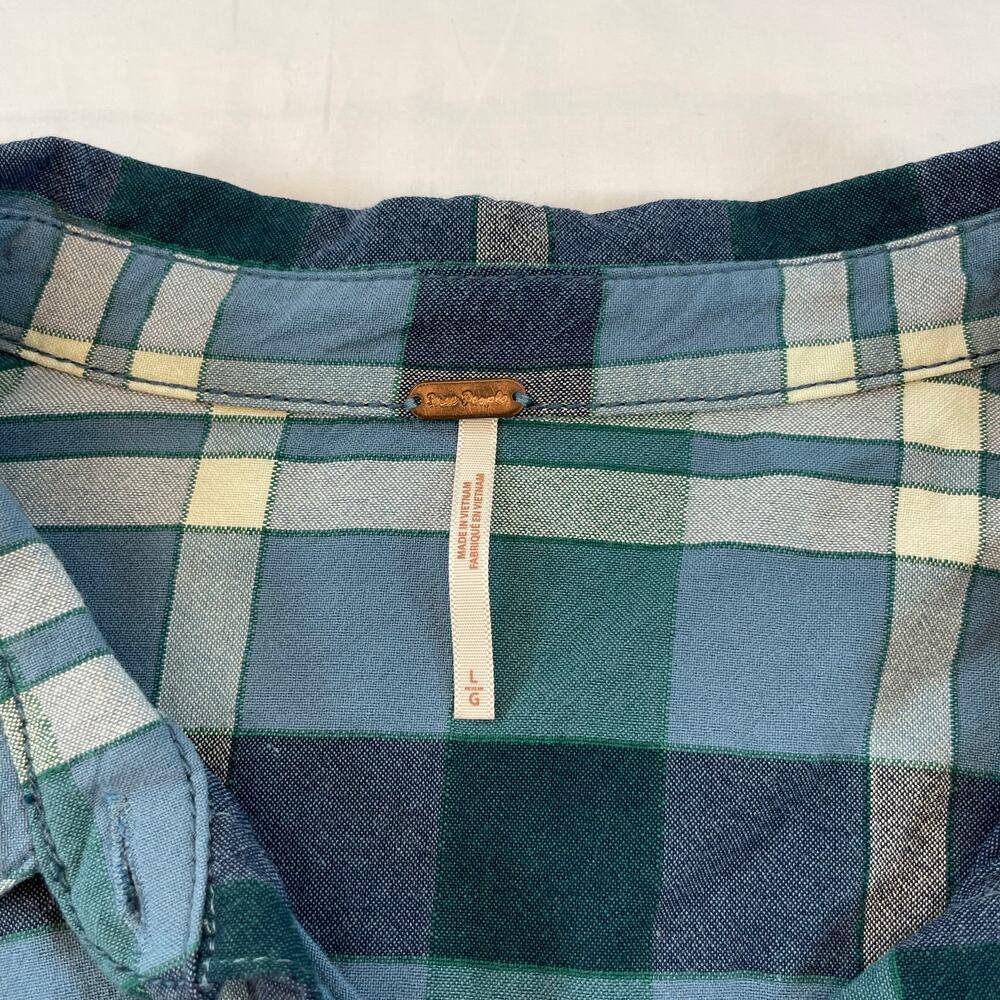 Free People Blue Plaid Raw Hem Oversized Flannel Button Down Top Large Women - Picture 2 of 7